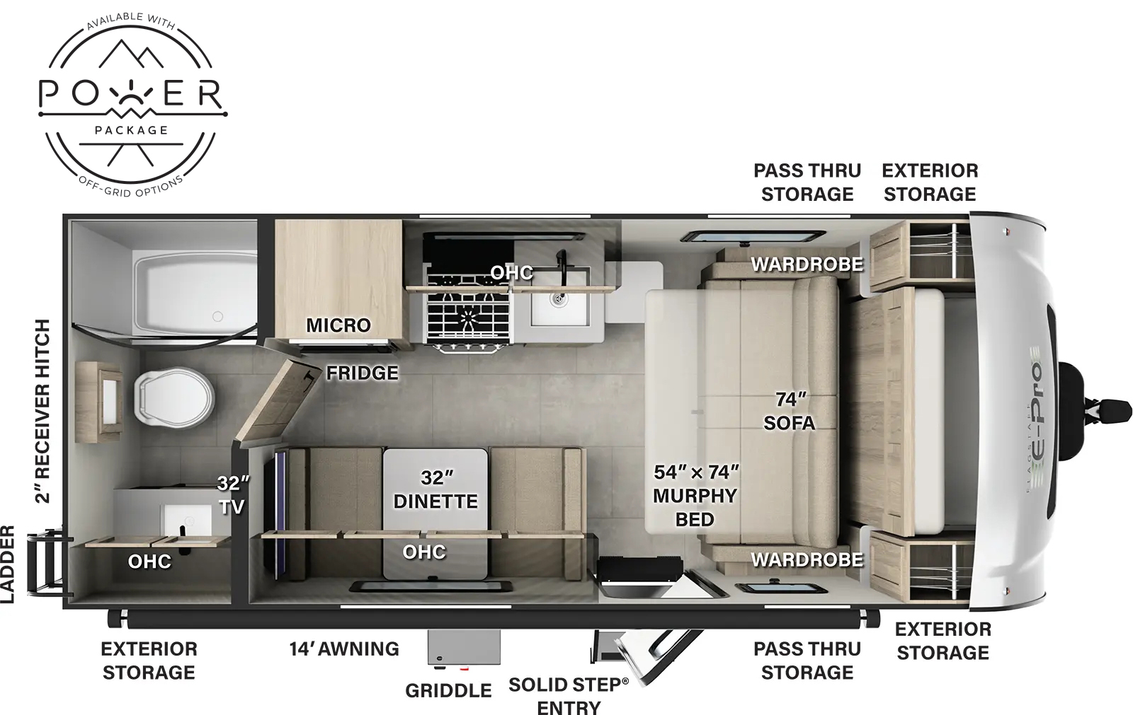 The Flagstaff E-Pro E19FD has one entry and zero slide outs. Exterior features include: fiberglass exterior and 14' awning. Interiors features include: murphy bed and rear bathroom.